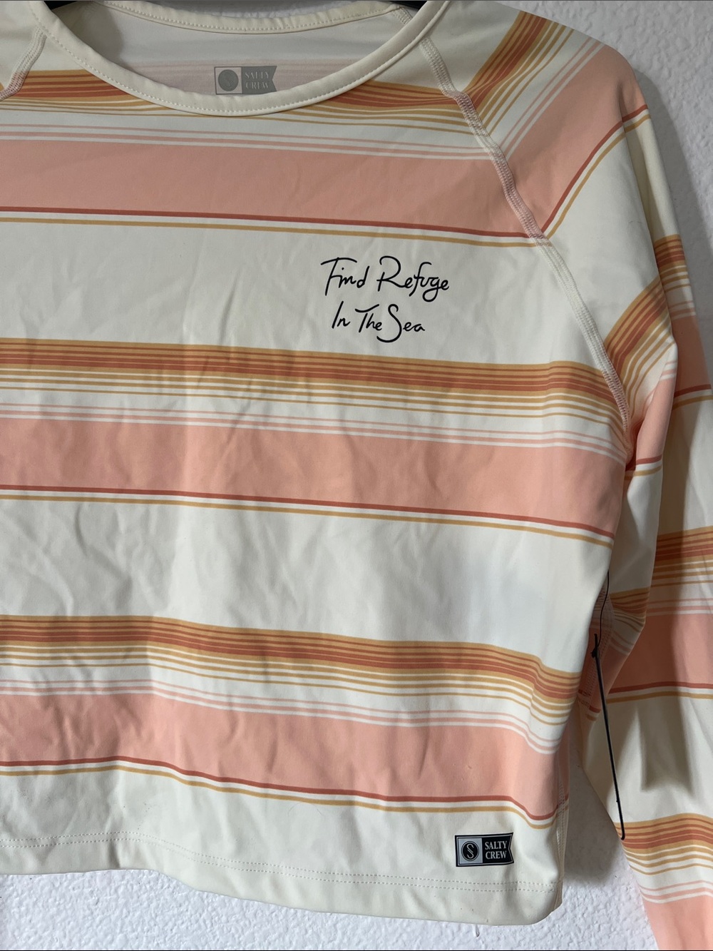 Salty Crew Women's Striped Rash Guard in Pink, Cream & Tan